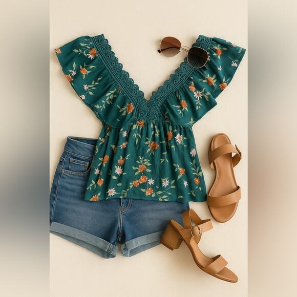Daytrip Teal Floral Ruffle Blouse – Size Small - Picture 2 of 5